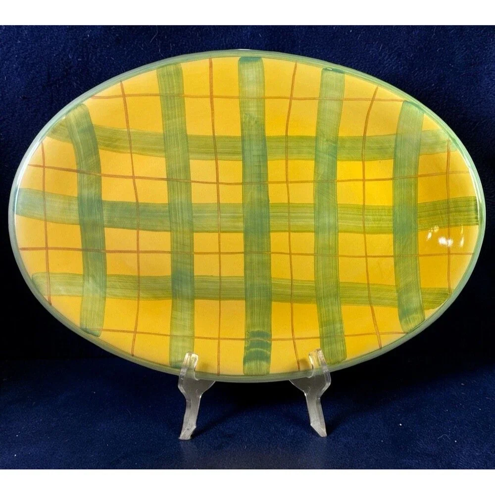 Vintage Alcobaca Portugal Hand Painted Oval Serving Platter Yellow Green 18.5”